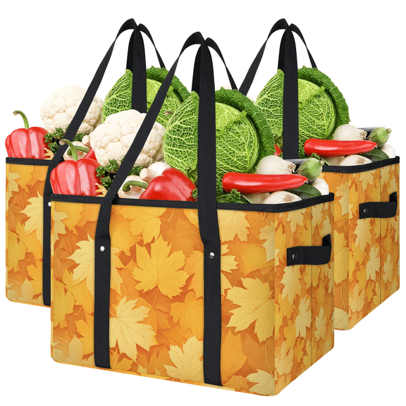 Reusable Grocery Bags 1-Pack Foldable Washable Large Storage Bins Basket Water Resistant Shopping Tote Bag with Reinforced Bottom & Handles (Yellow Maple Leaves)