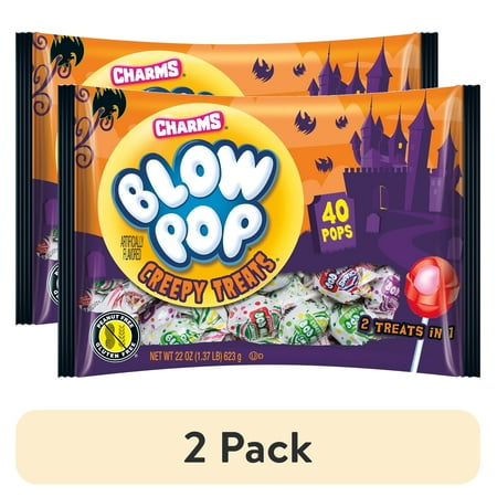 (2 pack) Charms Blow Pop, Halloween, Individually Wrapped, Bubble Filled Gum Lollipops, 22 oz, 40 Piece Bag