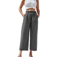 thumbnail image 2 of Casual Pants for Women High Waist Casual Straight Leg Cropped Trousers with Elastic Scalloped Hem Comfortable Linen Blend Women Slacks, 2 of 9