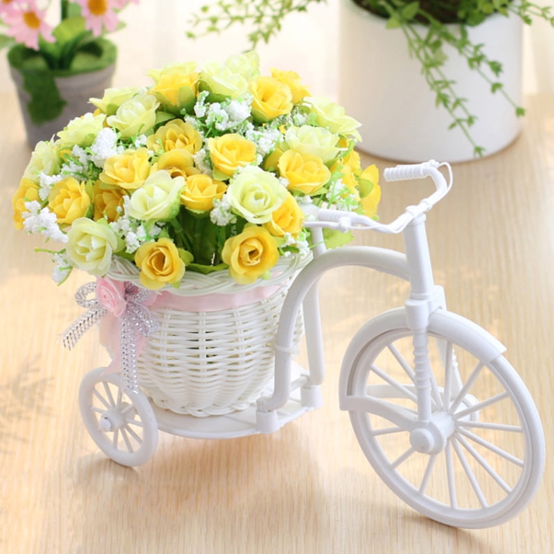 Artificial Rose Plastic Rattan Woven Cart Flower Pot Flower Basket Rattan Tricycle Bike Flower Basket Vase Storage Home Decor