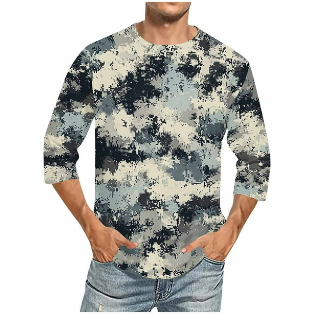 Camisetas de Manga Larga para Hombres Camiseta de Culturismo de Movimiento de Impresión de Camuflaje de Manga de Tres Cuartos, Mezcla de Poliéster de Lino de Algodón