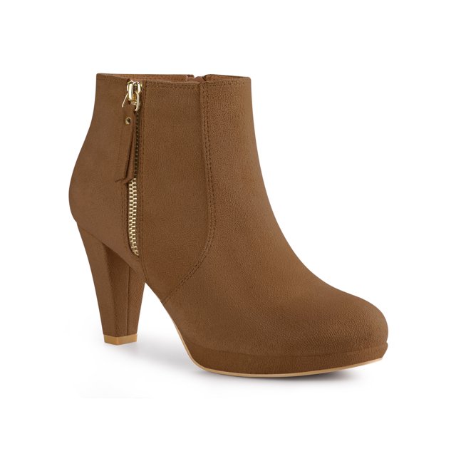Unique Bargains Women's Platform Round Toe Chunky Heel Ankle Boots Brown (Size 9)