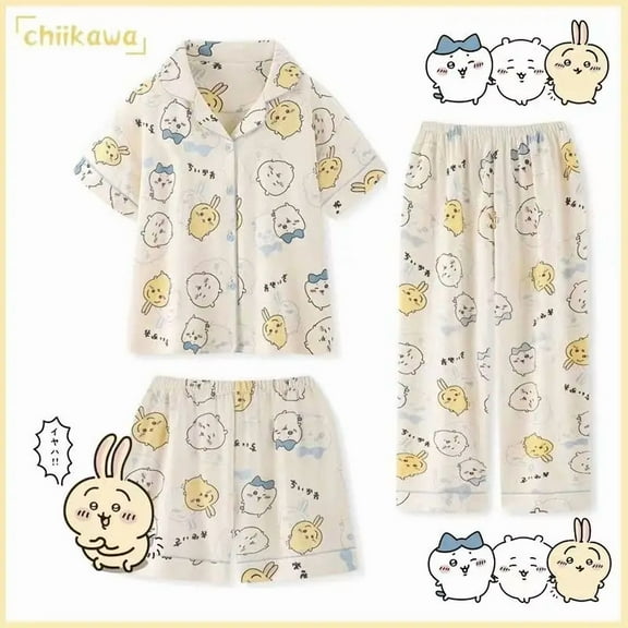Chiikawa Animation Three-piece Pajamas New Short-sleeved Cardigan Cute Cartoon USAGI Home Clothes Set Can Be Worn Outside