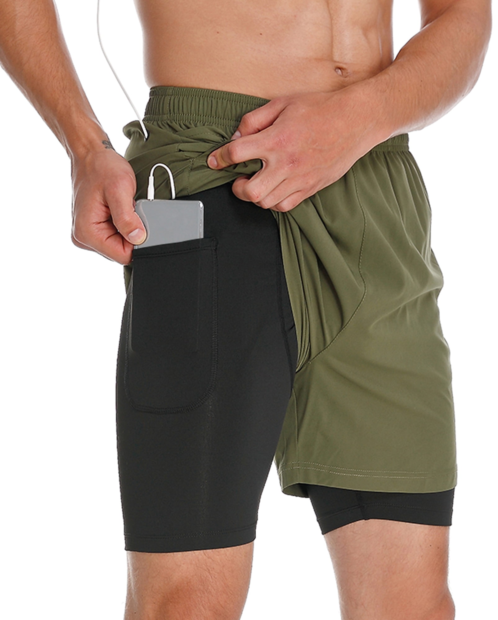 FEDTOSING Men's 2 in 1 Running Shorts Green Quick Dry Athletic Shorts With Pockets,up to 3XL