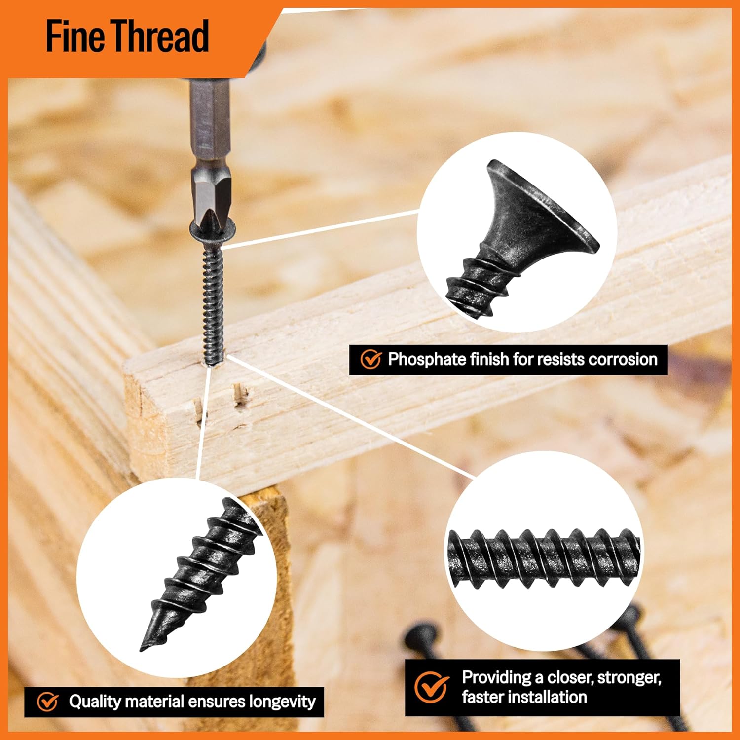 meite Drywall Screws, #6 x 1-1/4" Fine Thread Wood Screws for Drywall, 1350PCS Black Sheetrock Screws, Phosphate Finish Phillips Drive Self Tapping Dry Wall Screws (5 LBS)