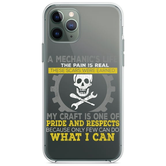 DistinctInk Clear Shockproof Hybrid Case for iPhone 11 (6.1" Screen) - TPU Bumper Acrylic Back Tempered Glass Screen Protector - Mechanic's Life Pain Is Real Pride Respect