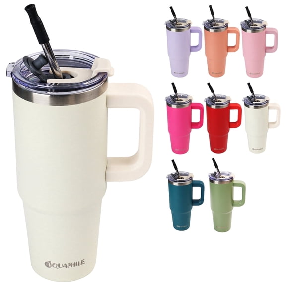 AQUAPHILE Insulated Tumbler with Leak-proof Lid and Straw, 40 oz Insulated Stainless Steel Coffee Mug with Handle, Travel Coffee Mug,Ivory