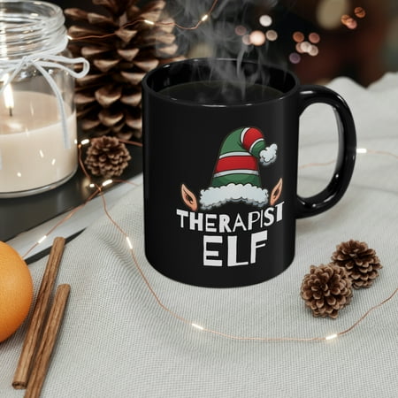 

Therapist Elf Christmas 11oz Black Ceramic Mug Holidays Xmas Elves