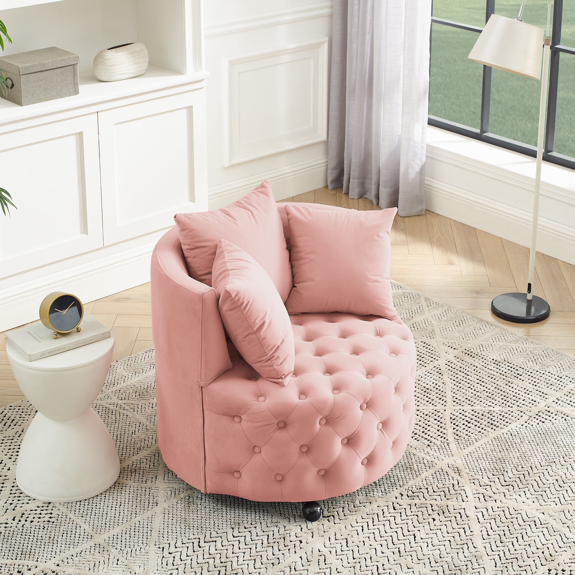 DEALTOPS Velvet Upholstered Swivel Chair for Living Room, with Button Tufted Design and Movable Wheels, Including 3 Pillows-Pink