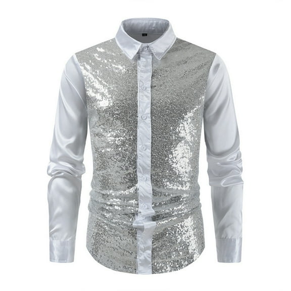 Kaemgyyd Men Dress Shirt Sequins Sparkly Long Sleeve Button down Tops Vintage Glitter Party Nightclub Wedding Clothes