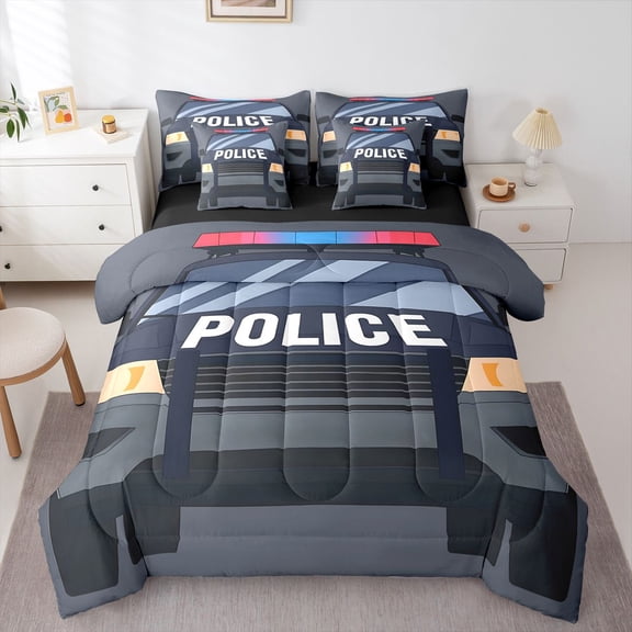 Manfei Police Car 7-Piece Twin Bedding,Boys Friendly Theme Bedding Comforter Set,Gray,Black Reversible