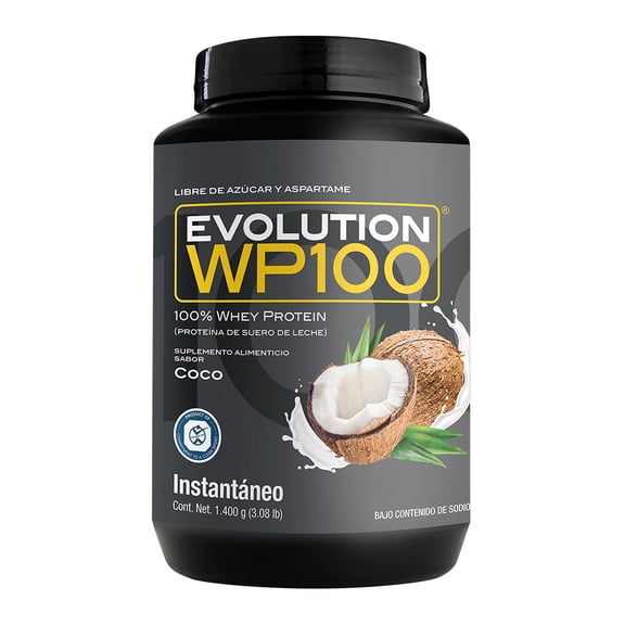 Proteína de suero de leche Evolution Nutraceutical WP100 sabor Coco Bote de 1400g