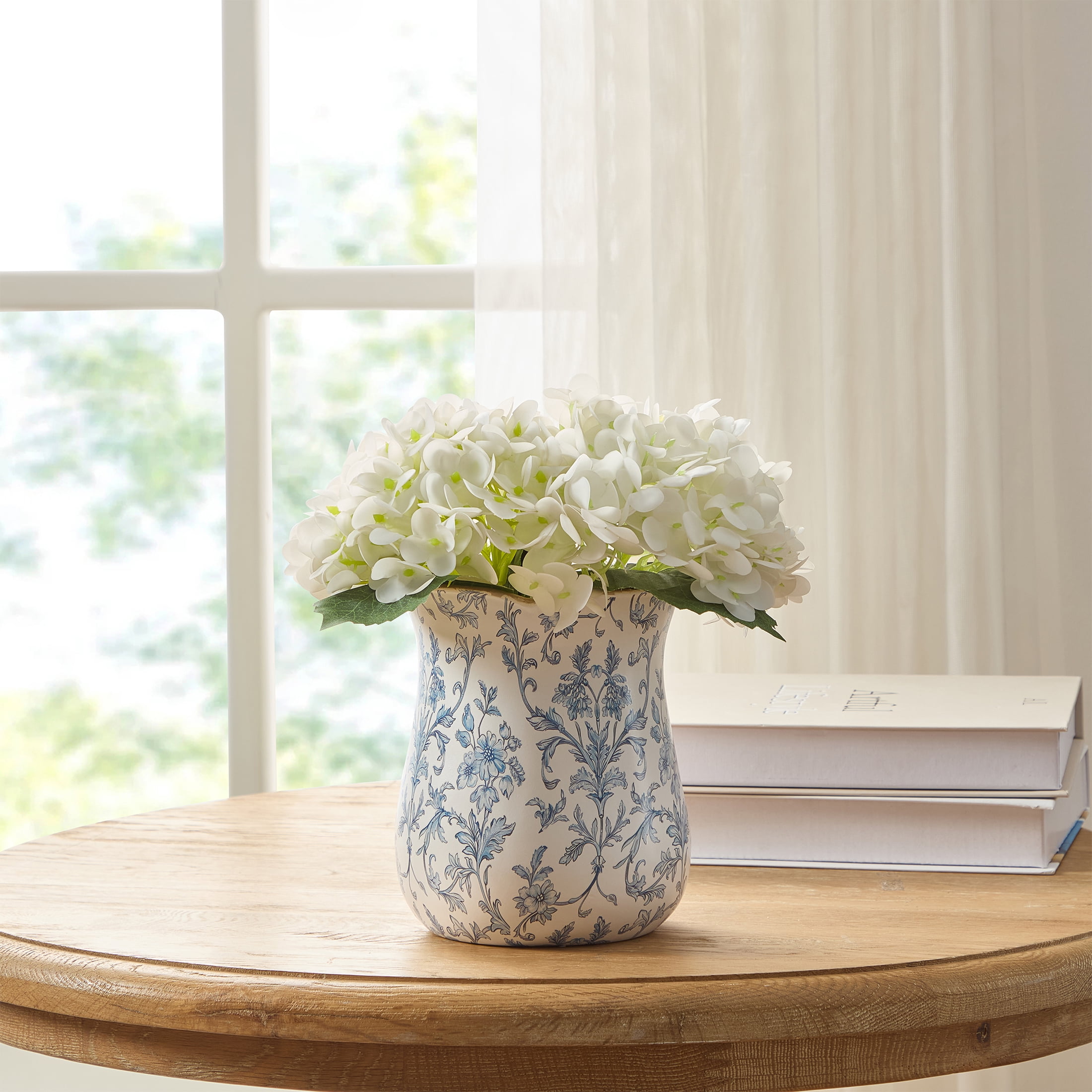 My Texas House 6" White/Blue Floral Scallop Trim Ceramic Vase