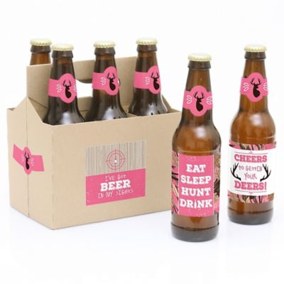 Pink Gone Hunting - Deer Hunting Camo Baby Shower or Birthday Party Decorations for Women and Men - 6 Beer Bottle Label Stickers and 1