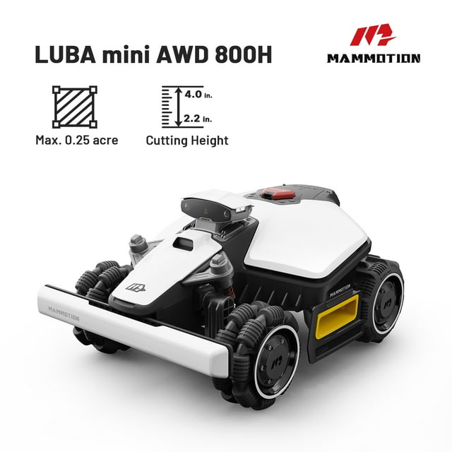 LUBA Mini AWD 800H Tondeuse Robot, Réception 0,2 Acre, Couverture Max 0,25 Acre, Transmission Intégrale Inclinaison 80 %, Vision UltraSense AI et Contrôle par Application, avec 4G, Hauteur de Coupe Réglable 2,2 Pouces-4,0 Pouces
