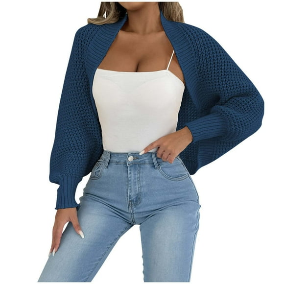 aohooy Women's Y2k Cropped Cardigan Sweaters Hollow Out Breathable Lightweight Knit Open Front Bolero Shrugs Cardigans Navy,Free Size