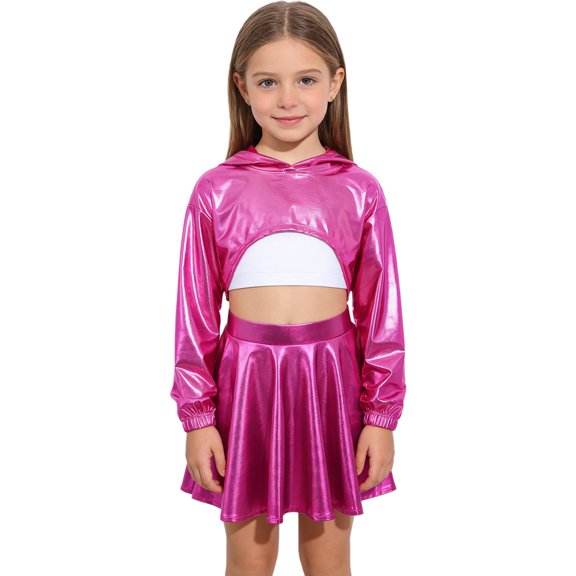 Hansber Kids Girls Hip Hop Dance Outfit Shiny Metallic Cropped Hoodie Sweatshirt Sports Bra and Skirt Set Hot Pink 12