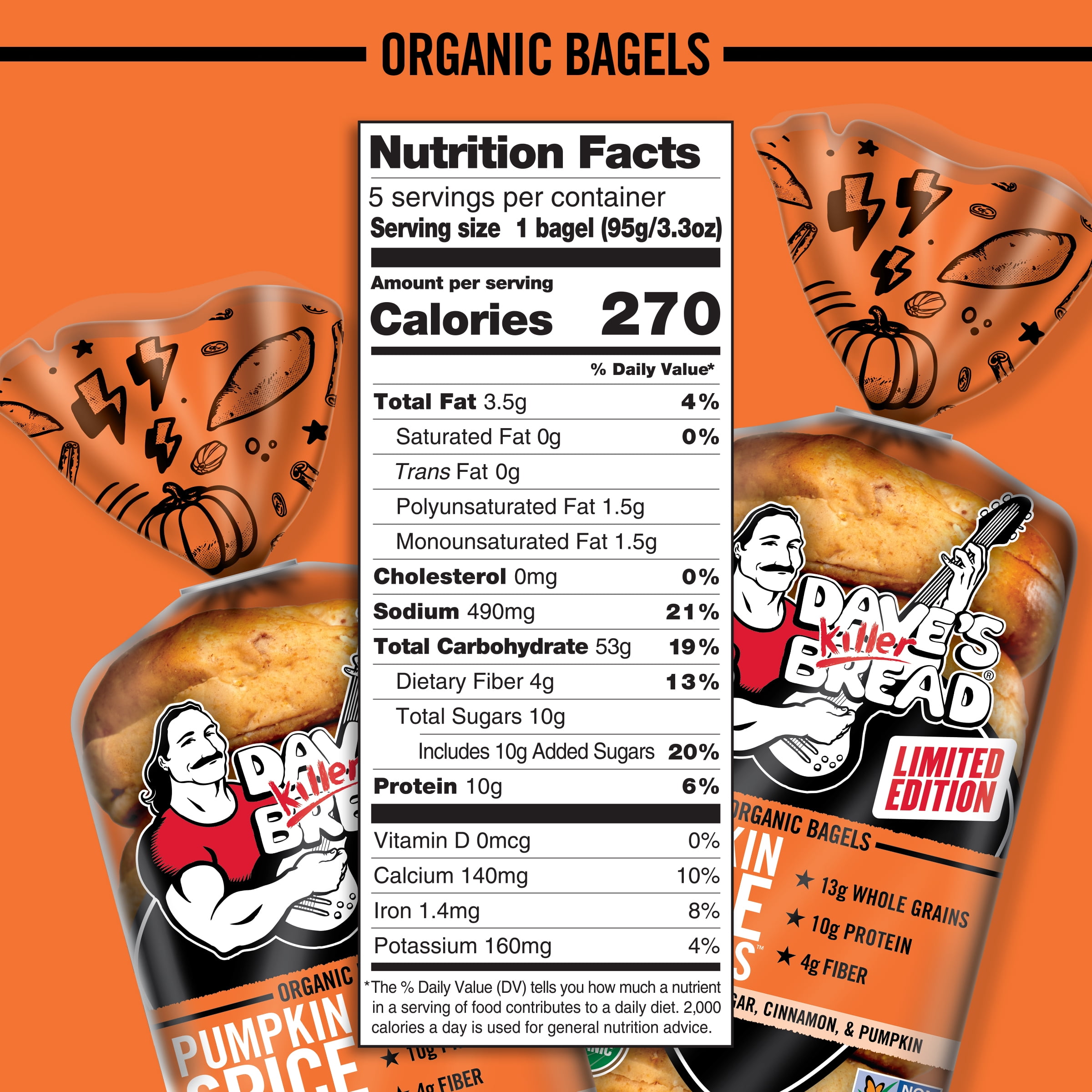 Dave's Killer Bread Pumpkin Spice Madness Bagels, Limited Edition Organic Bagels, 5 Count