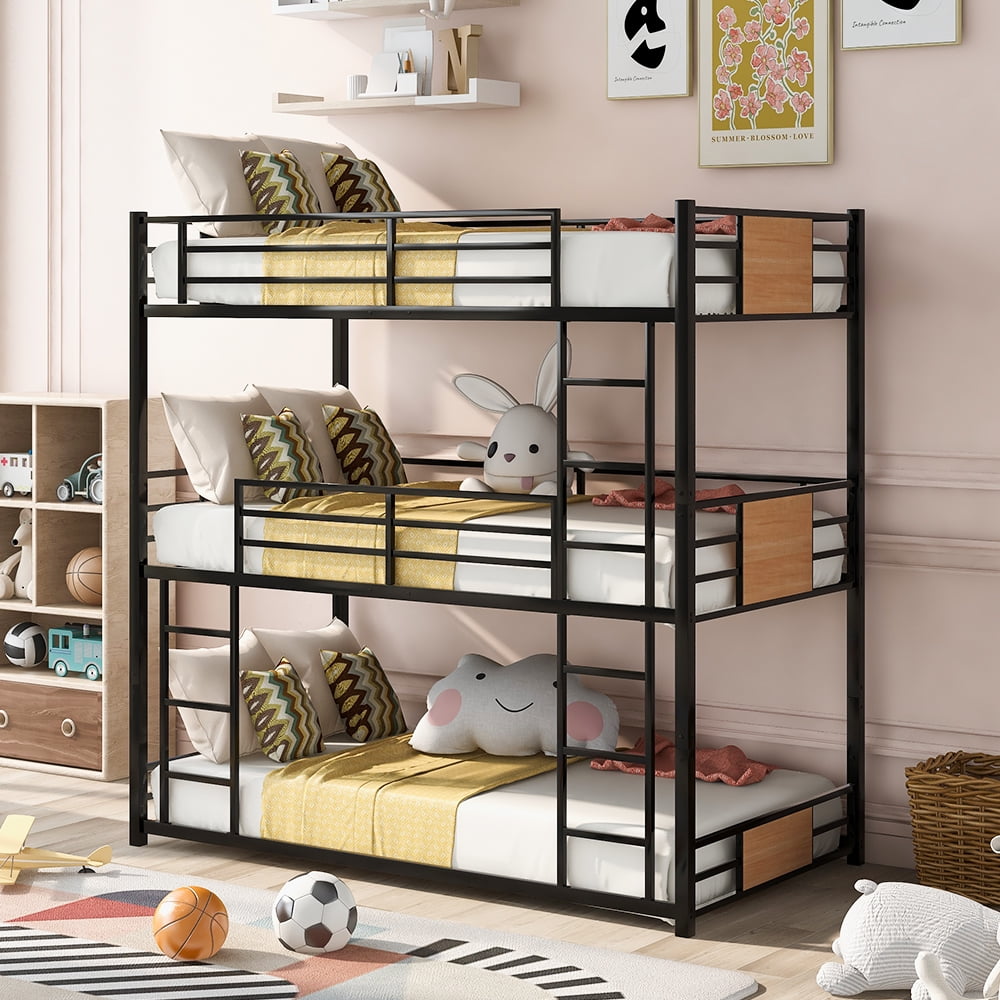 Euroco Metal Twin over Twin over Twin Bunk Bed, Triple Bed for Kids Room, Brown