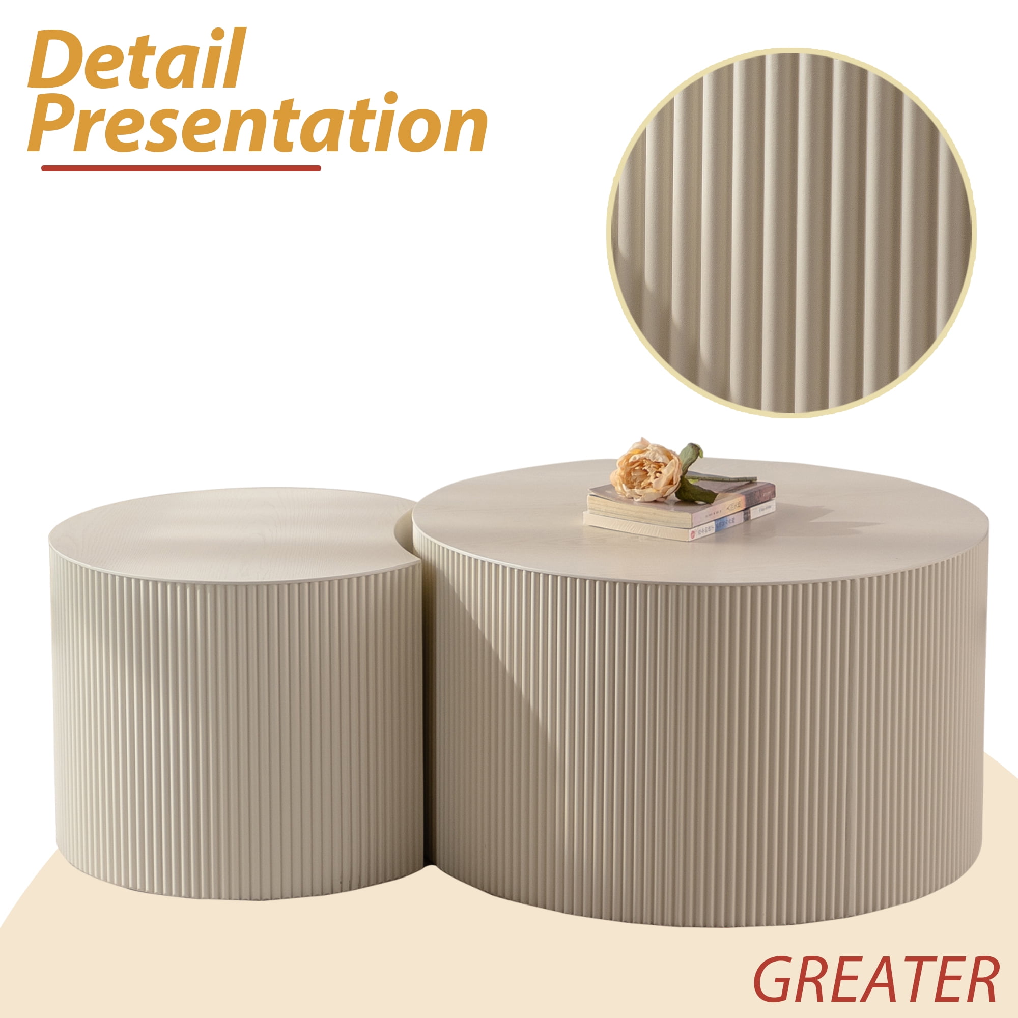 MDQMDCoffee Table Set of 2,Round Coffee Table Handcrafted Relief Sturdy Pedestal Wooden Olive-Shaped Tea Table for Living Room