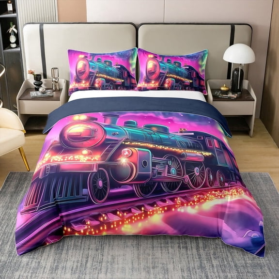 Erosebridal Train Print 100% Cotton Comforter Cover Twin, Steam Engine Bedding Twin Size, Hot Pink, Reversible, 2 Pieces (No Comforter)