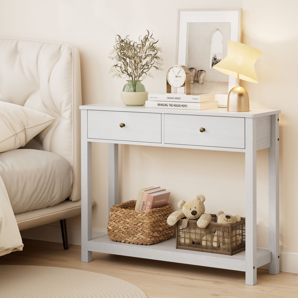 Aiho Console Table 39" with Drawers, Wood Entryway Table Hallway Table with Open Storage, Sofa Table for Living Room, Foyer and Corridor - White