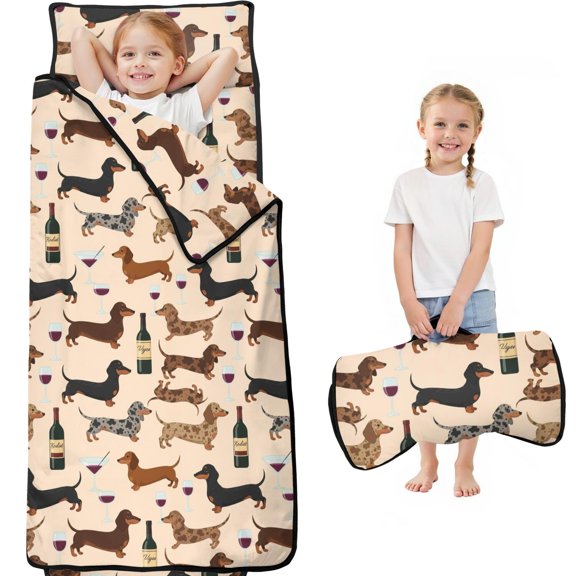 Dachshund and Wine Pink Pattern Teens Toddler Nap Mat with Pillow, Sleeping Mat Bag for Preschool Daycare 59"x22"