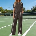 thumbnail image 2 of Dazajoo 2 Piece Tracksuits for Women Short Sleeve Crewneck Tops and Wide Leg Drawstring Pants with Pockets Casual Outdoor Lounge Sets,Brown,S, 2 of 7