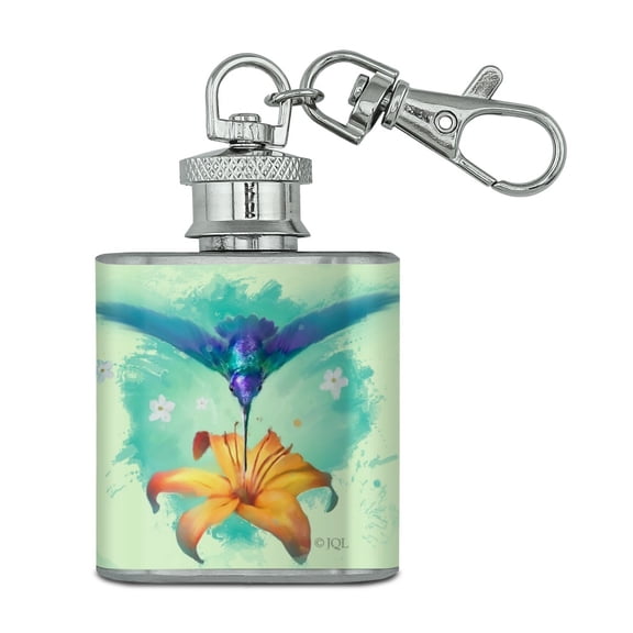 Hummingbird and Tiger Lily Flower Stainless Steel 1oz Mini Flask Key Chain