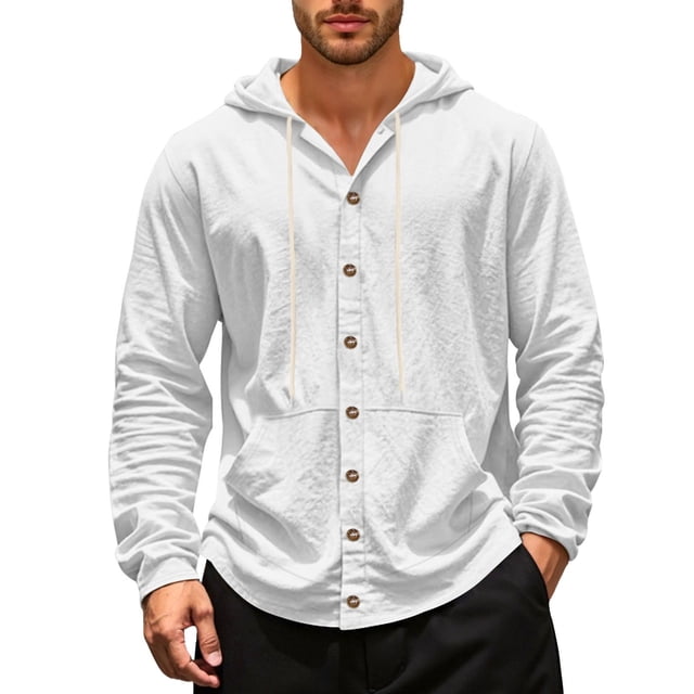 SHIXIAOO Chemise Décontractée en Lin à Manches Longues à Capuche pour Hommes Printemps et Automne