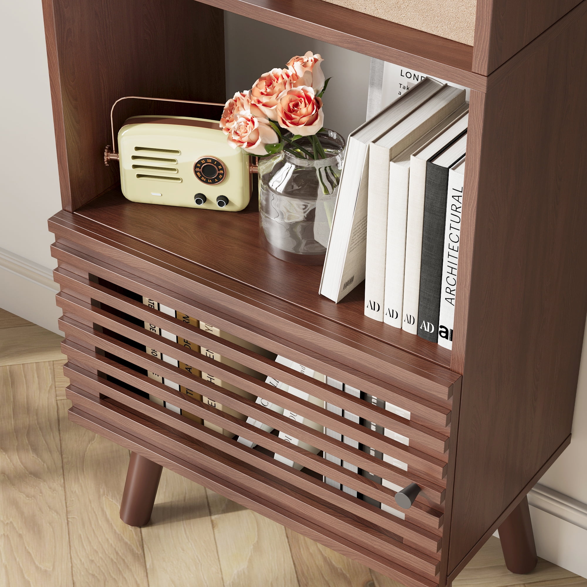 Mid-Century Modern Bookshelf with Slatted Door, 55" H Small Narrow Corner Bookcase, 4 Cube Bookcase with Open Shelf, Display Storage Cabinet for Living Room, Home Office, Walnut