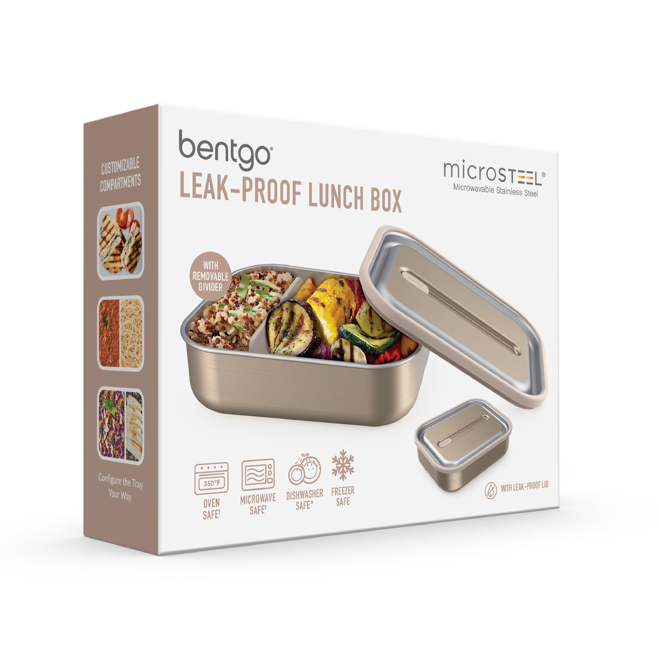 Bentgo MicroSteel Leak-Proof Lunch Box - Microwave-Safe, Oven-Safe, Bento-Style Container with Removable Divider, Airtight Lid, Sustainable Design, Odor & Stain Resistant (Gold)