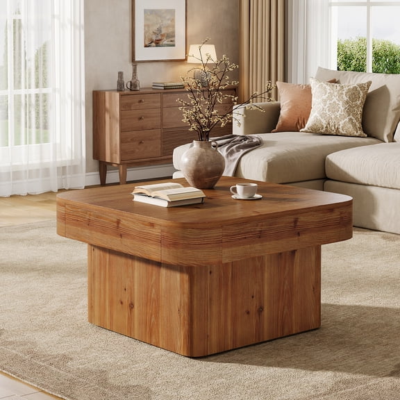 Finmind Solid Wood Coffee Table , 31.5 Inch Farmhouse Square Coffee Table for Small Spaces  Living Room, Rustic Brown