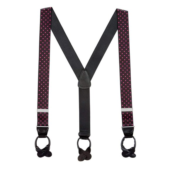 SuspenderStore Men's Pink Polka Dots on Black Suspenders - 1.5 Inch Wide Button