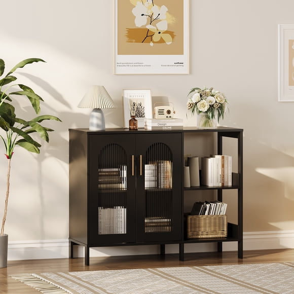 BeesClover Buffet Moderne, Rangement avec Porte en Verre et Poignées en Métal, Conception à Tablettes Ajustables, Armoires Buffet Blanches pour Salon Cuisine Salle à Manger, Armoire de Rangement en Bois avec Tiroirs