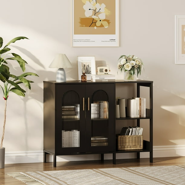 QinaQin Aparador moderno blanco con puertas de vidrio, cajones, jaladeras metálicas y repisas ajustables, ideal para sala, cocina o comedor