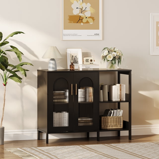 QinaQin Buffet Moderne avec Rangement à Porte en Verre, Tablettes et Tiroirs Réglables, Blanc