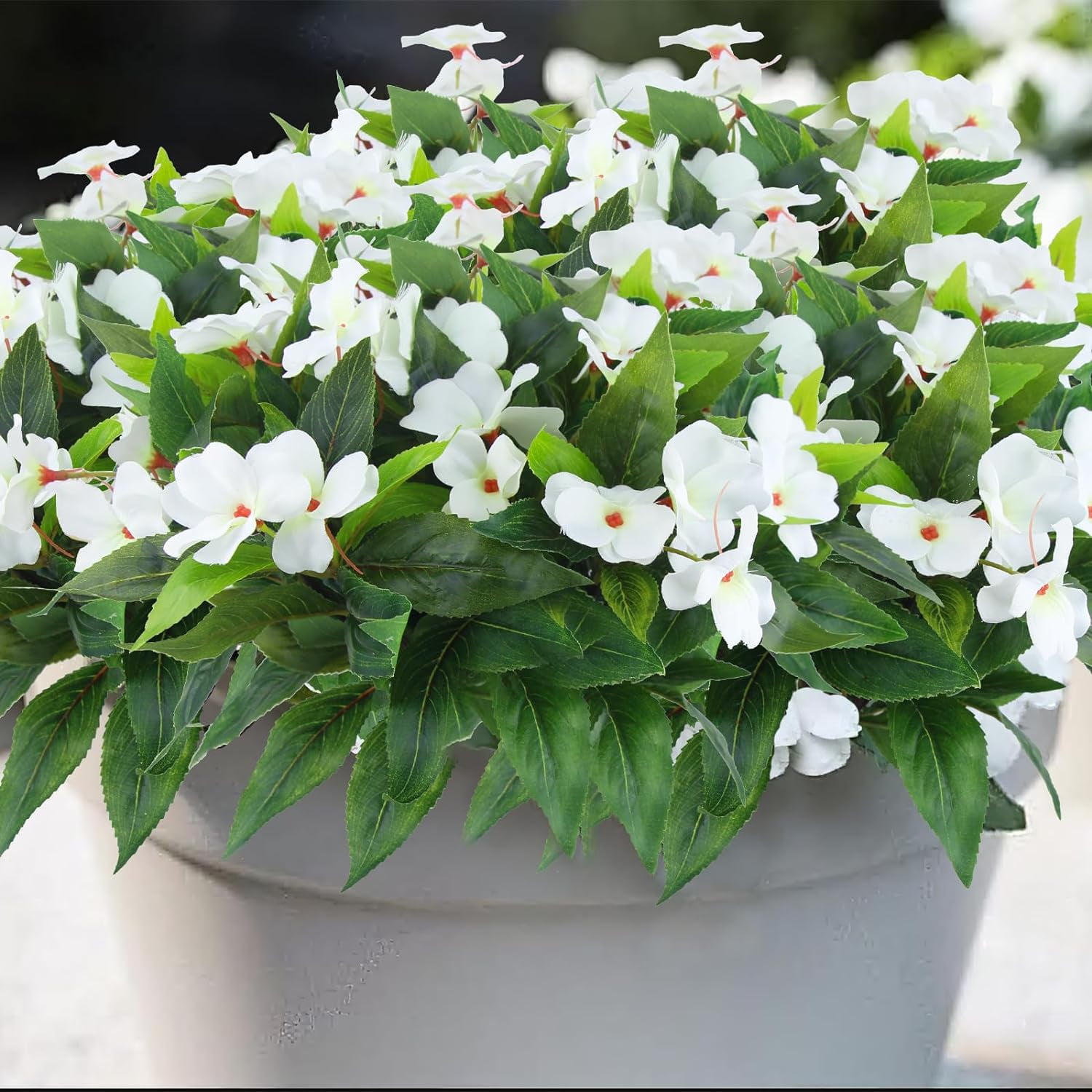 2 Pcs Artificial Impatiens Flowers for Outdoors Faux Bushes White Silk Greenery Bouquet Patio Lawn Garden Pot Hanging Basket Porch Decoration