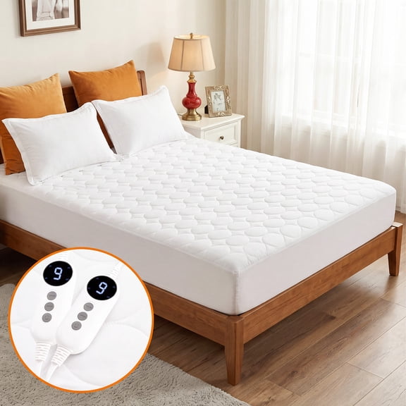 Vccoem Heated Mattress Pad Queen Size, Dual Zone Electric Bed Warmer with 9 Heat Settings & 4 Timer Options, Machine Washable, White