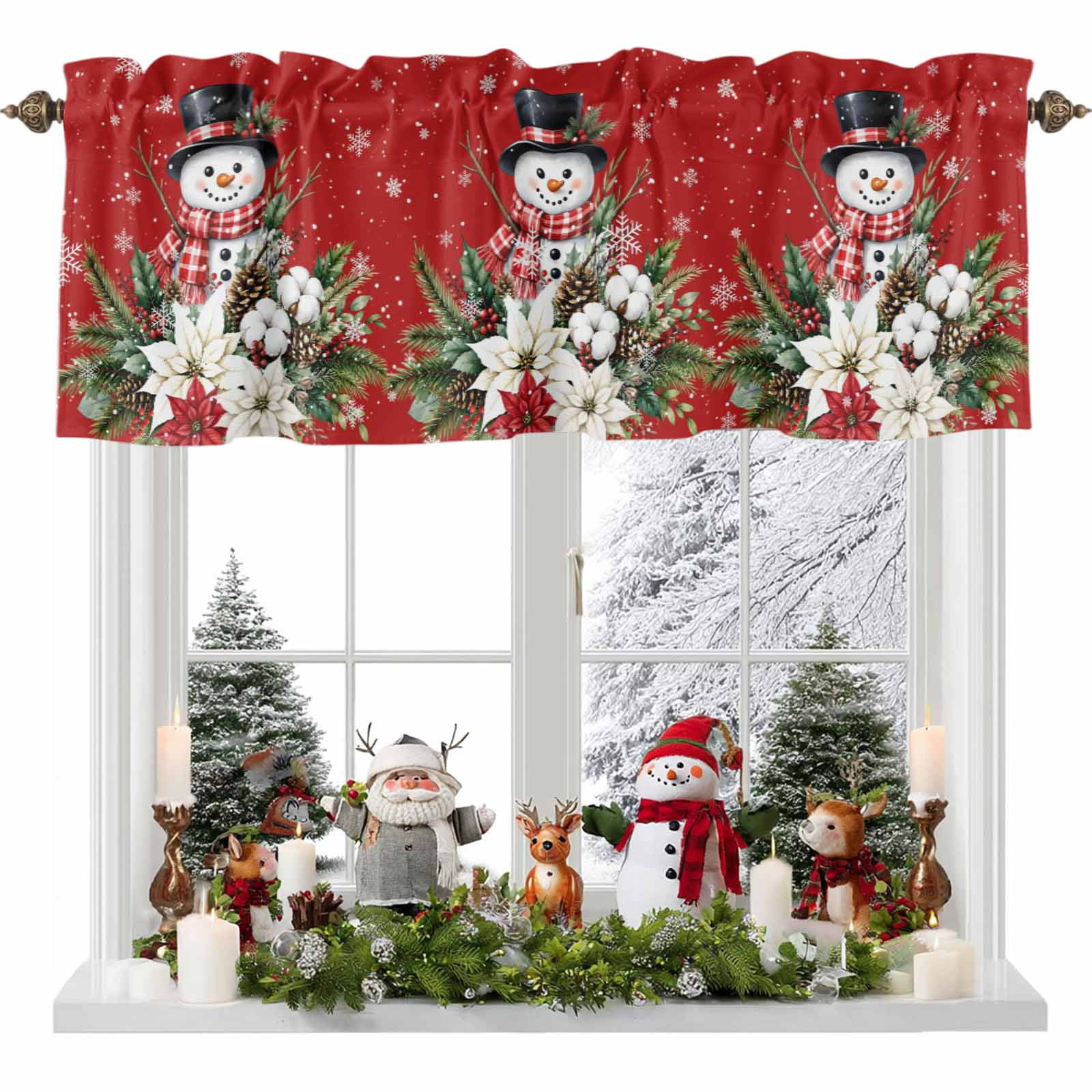 Red Snowman Christmas Valances for Windows Farmhouse Kitchen Curtains Valances Rod Pocket Valance Curtains for Windows Welcome Poinsettia Pine Needle Window Valances for Bathroom Bedroom 60 x18