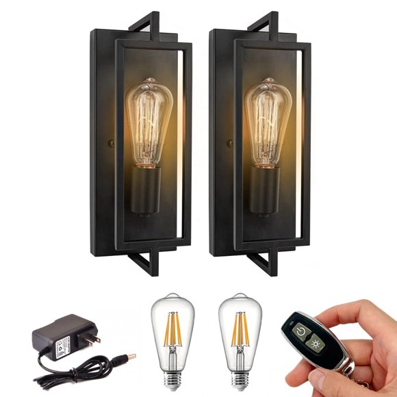 FSLIVING Battery Operated Industrial Black Metal Wall Sconces 2 Packs Rechargeable