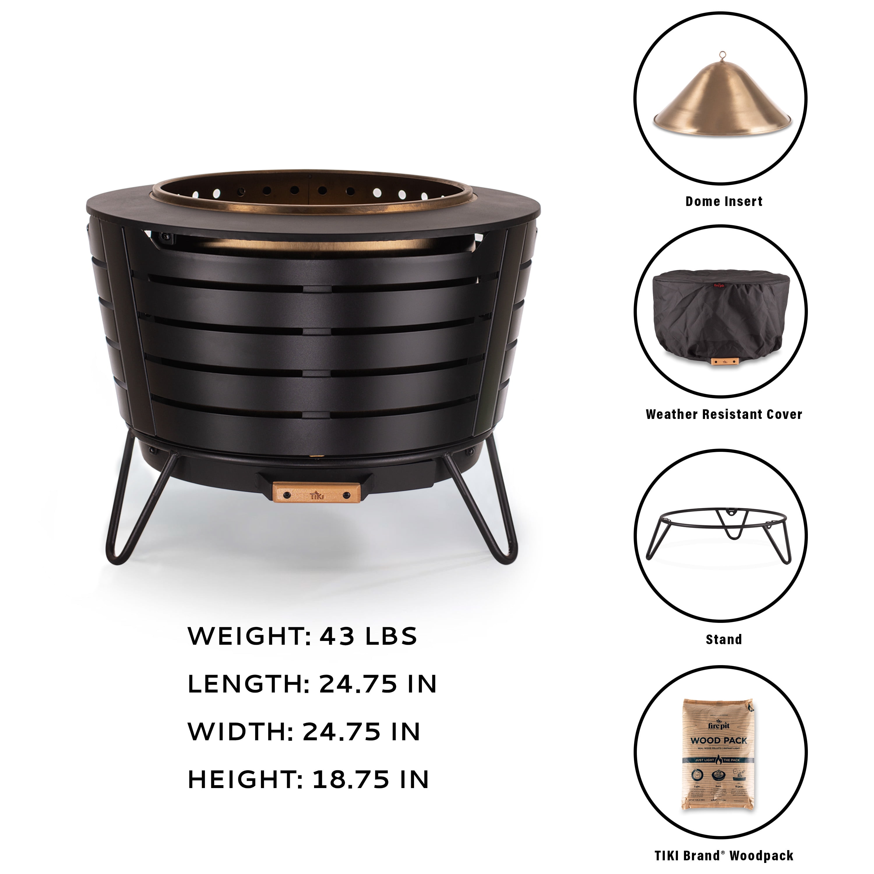 TIKI Patio Smokeless Fire Pit – 25" Stainless Steel Wood Burning Fire Pit for Yard, Patio & Camping with Weather-Resistant Cover, Ash Pan & Wood Pack