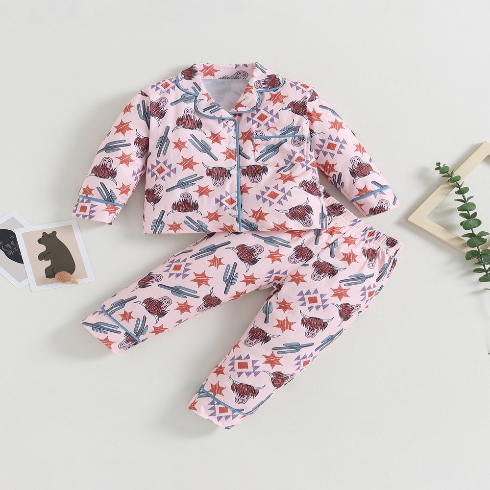 POINTERTECK Kid Girls Boys Pajamas Set Cow Print Long Sleeve Button Down Tops Long Pants 2 Pieces Lounge Suit Sleepwear 18 24 Months