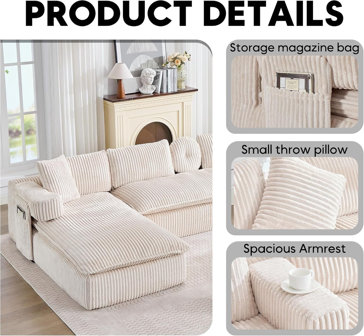 Howcool 149"W Oversized Modular Sectional Sofa,7-in-1 Corduroy U Shaped Sofa Couch with Double Chaise Lounge,Convertible Sleeper Sofa Bed,Deep Seat Cloud Couch for Living Room,Beige