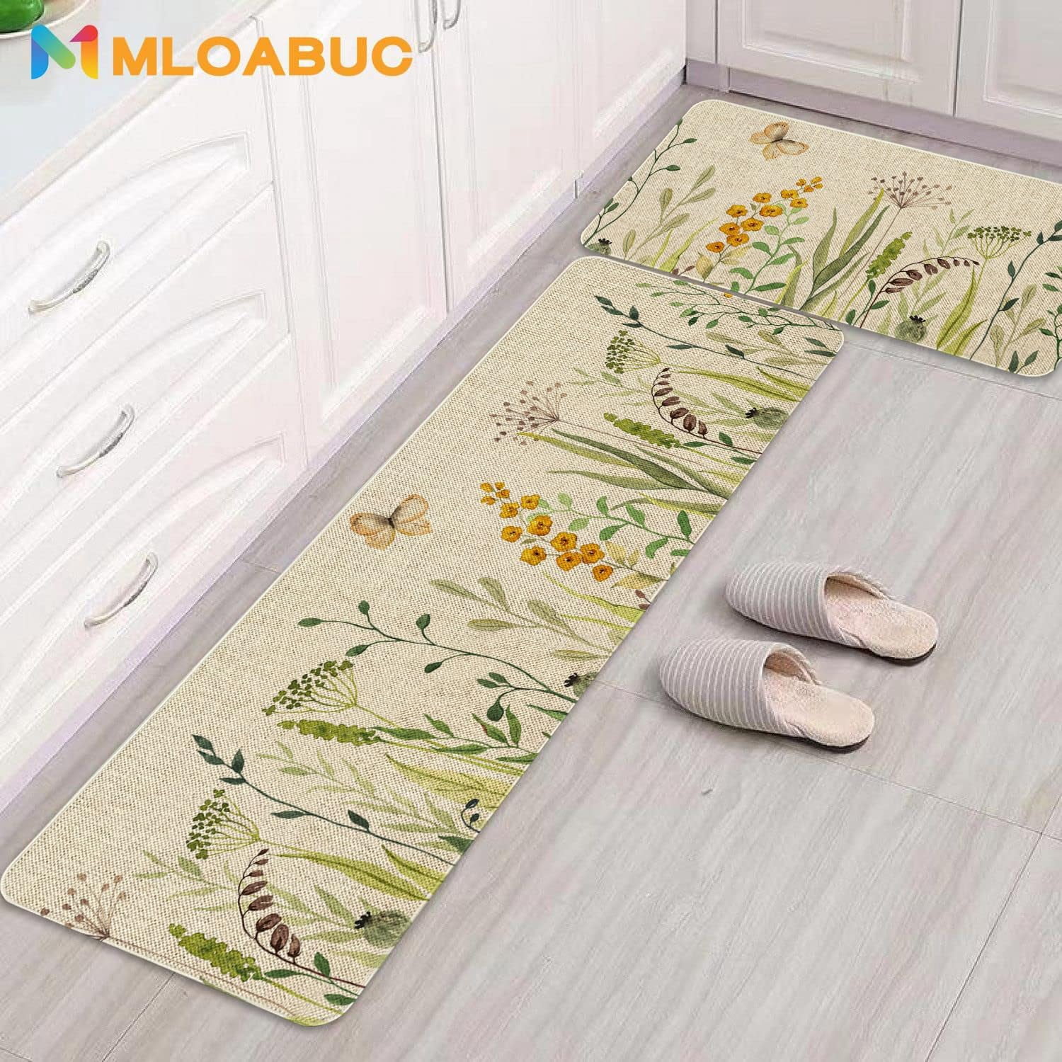 Flower Kitchen Rug Sets 2 Piece Farmhouse Flowers Kitchen Mats for Floor Non Slip Washable Thin Kitchen Area Rug Floor Mat Waterproof Hallway Laundry Room Runner Rug