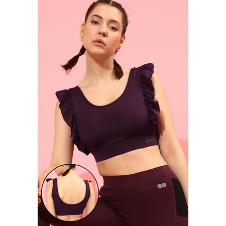 

Clovia Medium Impact Ruffled Padded Active Sports Bra in Plum Colour