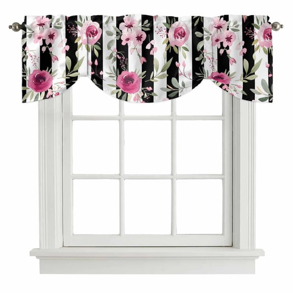 Pink Roses Tie Up Valance Curtains for Windows, Kitchen Curtains Window Treatments, Romantic Flowers Leaves Floral Black Stripes Short Window Shades Valances for Bedroom Bathroom Cafe 42"x18"
