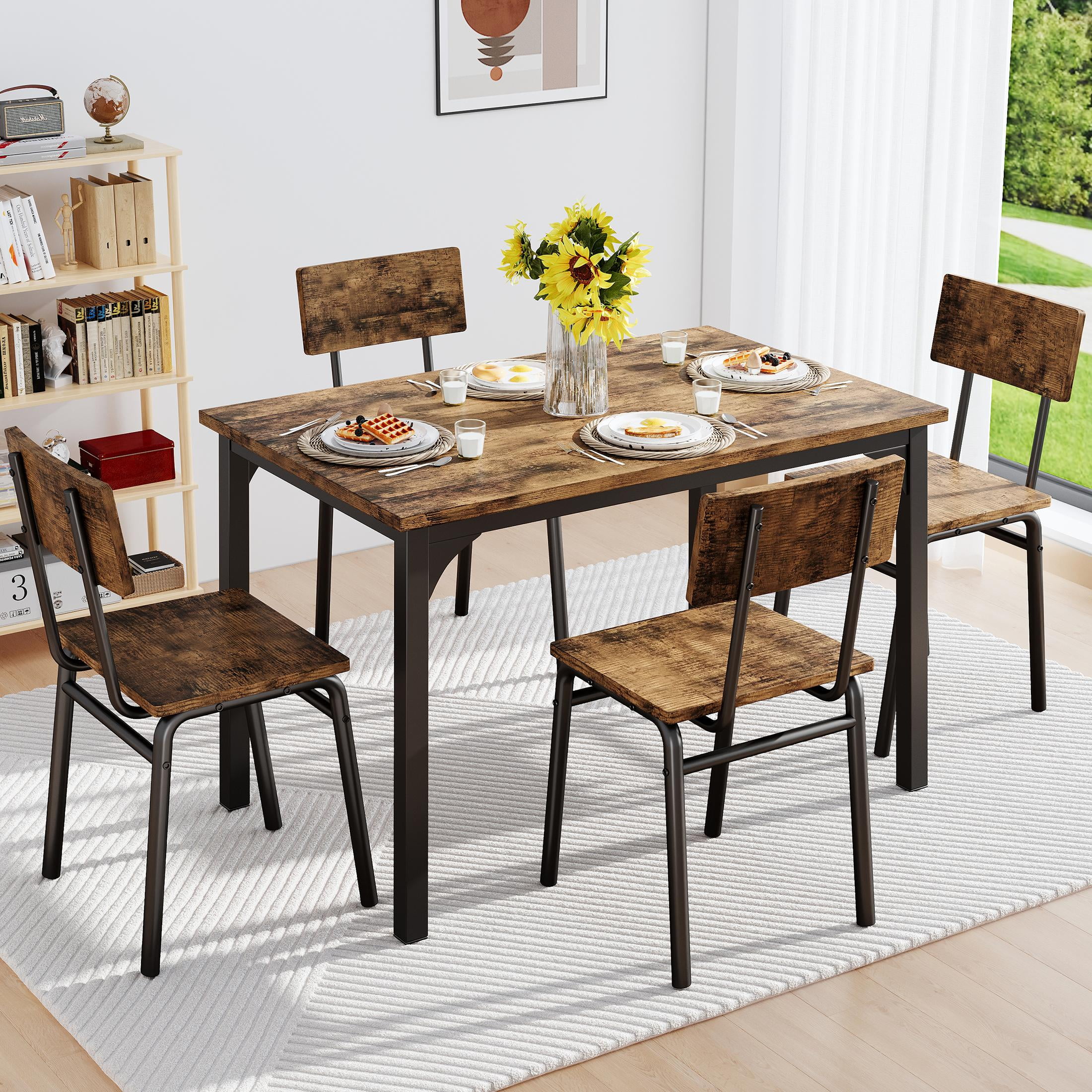 PAPROOS Dining Table Set for 4, Farmhouse Rectangle Wood Kitchen Table with 4 Wood Chairs, Dining Room Set for Breakfast Nook, Small Places, Restaurant, Brown