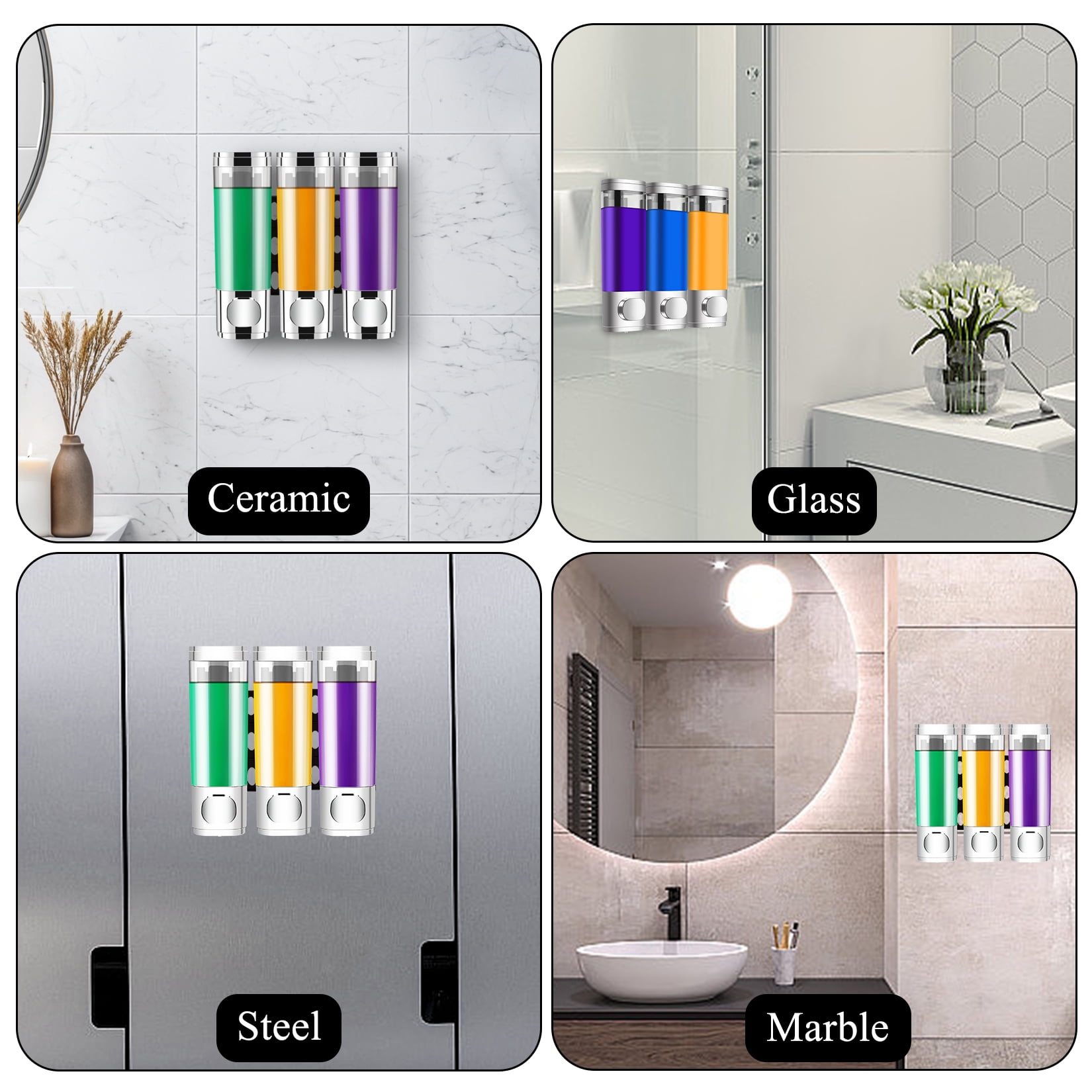 Shampoo Dispenser for Shower, Shower Shampoo Dispenser 3 Chamber, Shower Soap Dispenser Wall Mounted, Suitable for Bathroom, Kitchen, Hotel(Silver)