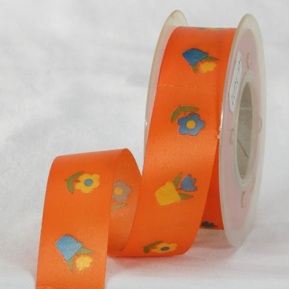 The Ribbon People Orange and Blue Floral Printed Ribbon 1" x 27 Yards